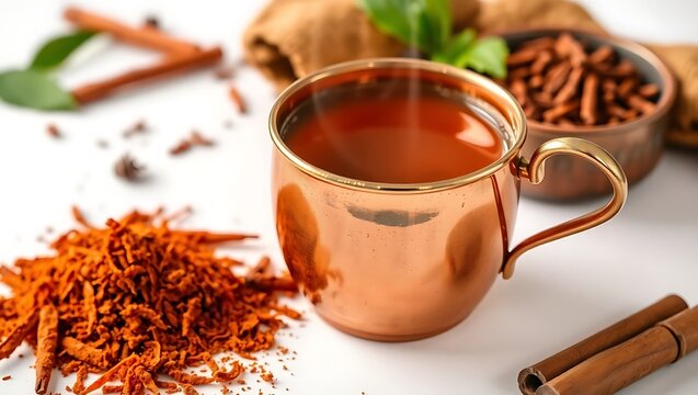 Spiced masala tea in copper cup, aromatic steam visible, product-focused on white background