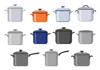Collection of cookware various sizes and colors pots and pans
