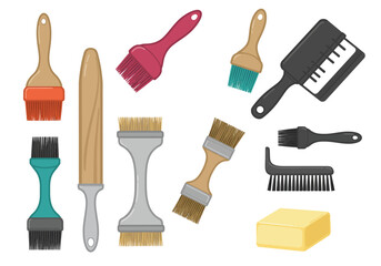Collection of diverse cleaning or painting brushes with various shapes colors and sizes on a white background