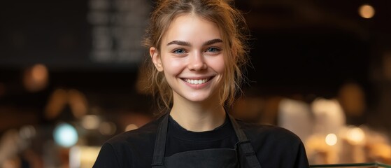 A cheerful young waitress with blonde hair tied up smiles warmly in a restaurant while wea her apron and prepa for the day.