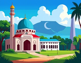 Mosque scene with mountains and a crescent moon