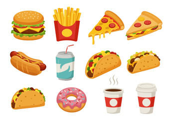 Colorful cartoon fast food icons arranged burger fries pizza hotdog tacos soda donut coffee