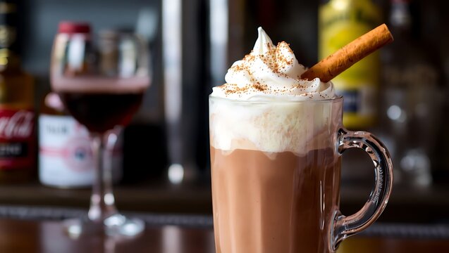 Spiked hot chocolate in a tall mug with whipped cream and cinnamon stick, cocktail bar background