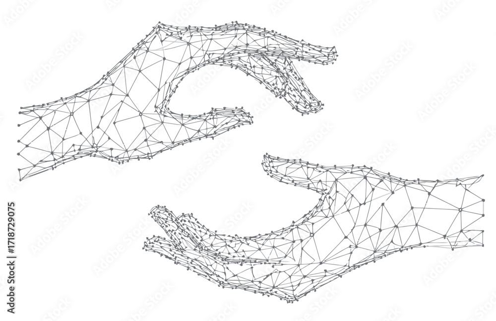 Poster low poly wireframe digital hands in protection gesture with interconnected dots and lines abstract p