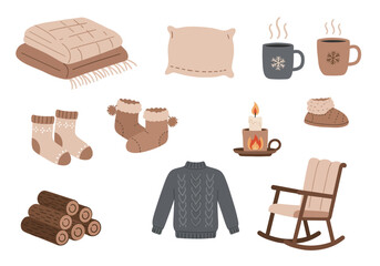 Cozy illustration blanket pillow mugs socks firewood rocking chair sweater candle and slippers