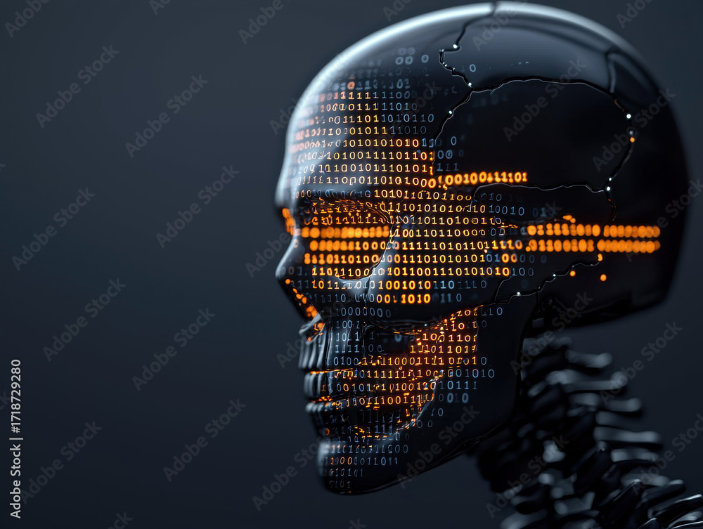 Poster cyber skull with glowing binary code represents halloween security technology concept in futuristic 