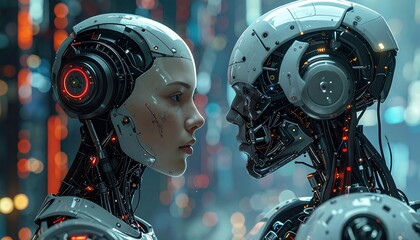 Futuristic androids facing each other