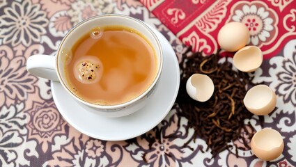 Steaming cup of Teh Talua with visible layers and bubbles, traditional Batik-patterned tablecloth, surrounded by loose tea leaves and eggshells, isolated setting