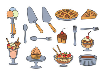 Desserts  serving utensils ice cream pie cake sundae pudding scoop spatula spoon fork