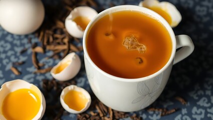 Steaming cup of Teh Talua with visible layers and bubbles, traditional Batik-patterned tablecloth, surrounded by loose tea leaves and eggshells, isolated setting