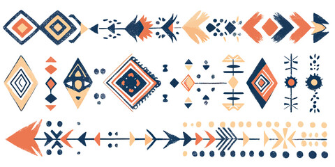 Hand drawn ethnic geometric border pattern with tribal arrows and diamond shapes in blue orange beige minimalist folk art style vector illustration
