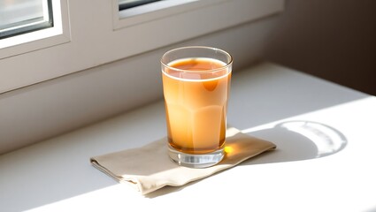 Single glass of Es Teh Tarik with visible tea and milk gradient, placed on a linen napkin, soft window light casting shadow, clean and styled scene