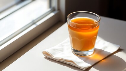 Single glass of Es Teh Tarik with visible tea and milk gradient, placed on a linen napkin, soft window light casting shadow, clean and styled scene
