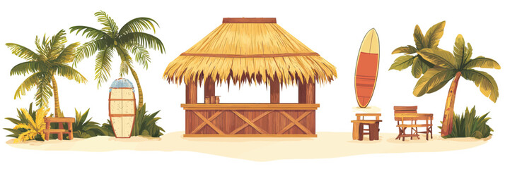 Tropical beach tiki bar with bamboo hut straw roof palm trees surfboards wooden table and chairs summer island vacation vector illustration