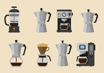 Eight coffee makers shown french press moka pots pourover drip machines