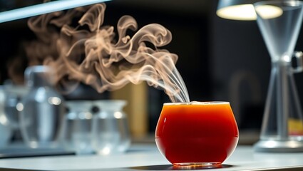 Siphon-brewed coffee served hot in a flask, with steam curling in dramatic lighting on a lab-style counter