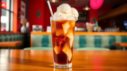 Soda float in a tall glass with two scoops of vanilla ice cream, retro diner vibeSoda float in a tall glass with two scoops of vanilla ice cream, retro diner vibe