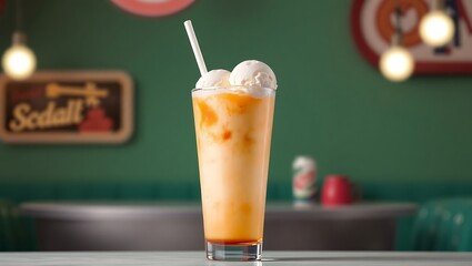 Soda float in a tall glass with two scoops of vanilla ice cream, retro diner vibeSoda float in a tall glass with two scoops of vanilla ice cream, retro diner vibe