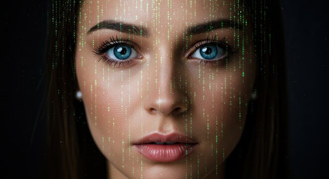 Stunning woman with captivating blue eyes and digital code overlay creating a futuristic cyberpunk aesthetic perfect for technology, beauty, and innovation campaigns