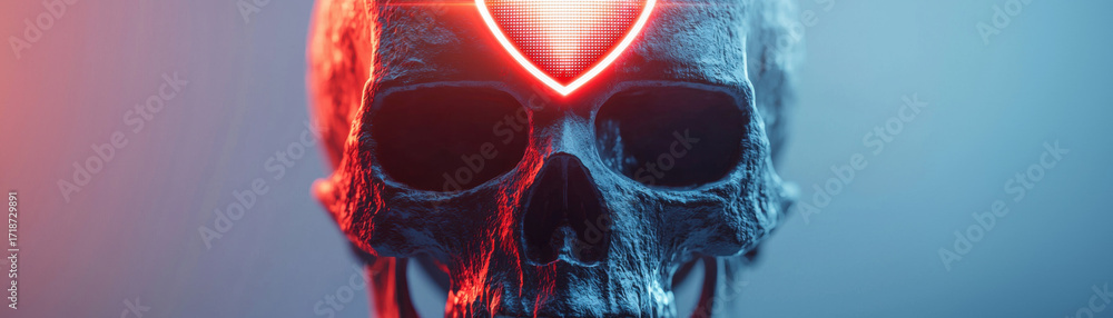 Poster halloween cyber skull with glowing red security symbol and futuristic technology background creating