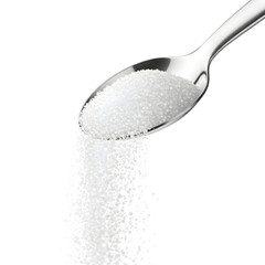 Granulated sugar falling from metal spoon scoop, close-up food ingredient concept. Isolated on white or transparent background. PNG format.