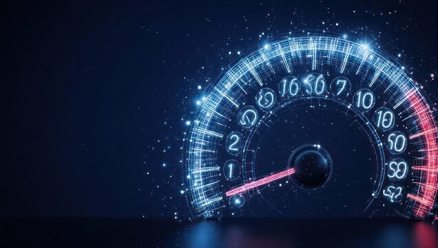Dynamic speedometer illustration showcasing speed, progress, and digital transformation with glowing lines and a futuristic design