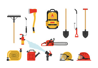 Firefighting tools are depicted including shovels hoses axes helmets and backpack © Chico Store