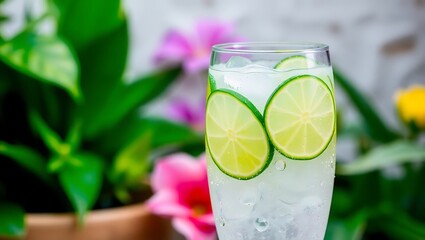 Sparkling cucumber-lime cooler in a curved glass, condensation droplets, botanical backdrop
