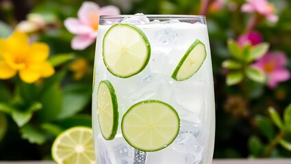 Sparkling cucumber-lime cooler in a curved glass, condensation droplets, botanical backdrop