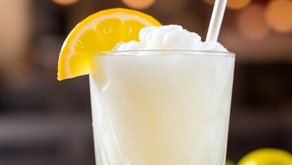 Sparkling lemon-lime float with lemon sorbet, citrus wedges on glass rim, icy condensation, vibrant commercial lighting