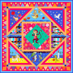 Magic collection of prints. Design for children's scarf, napkin with cute cartoon fish, dino, elephant, crocodile, cheerful dancing monkey and funny teapot. Elegant carpet in patchwork style.