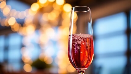 Sparkling rosé in an elegant flute glass, with blurred golden background lights