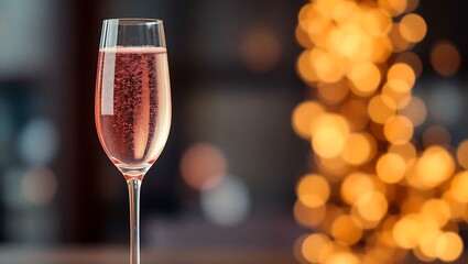 Sparkling rosé in an elegant flute glass, with blurred golden background lights