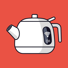 Illustration of a white smart kettle with a digital display and WiFi symbol on a red background.