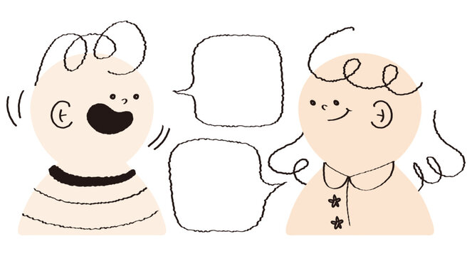 Hand drawn style happy kids talk with speech bubble flat vector. Comic doodle cute students discuss with chat balloon. Crayon line drawing colorful people avatar speak talking chatting. Preschool 