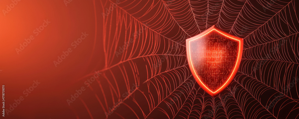 Poster halloween cyber security technology concept with glowing shield on digital spider web background for