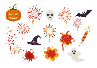 Halloweenthemed graphic featuring a pumpkin skull bat ghost witch hat and various fireworks