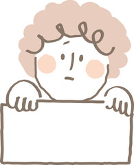 Crayon hand drawn style flat vector child with curry hair hold type blank space. People hold sign speech bubble for text word. Doodle comic kid simple vector illustration. Conversation message student