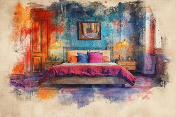 A vivid, painterly depiction of a cozy bedroom, featuring a warm color palette and a watercolor style.