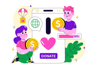 Online Fundraising Illustration Featuring a Fundraiser with a Heart to Symbolize Support and Humanitarian Assistance, Donation, and Helping Others