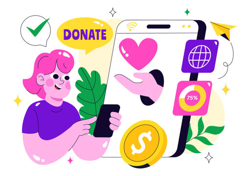 Online Fundraising Illustration Featuring a Fundraiser with a Heart to Symbolize Support and Humanitarian Assistance, Donation, and Helping Others