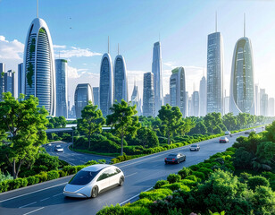 Futuristic smart city skyline with autonomous vehicles, eco-friendly architecture, clear sky, cinematic ultra realistic
