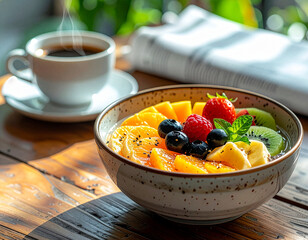 Close-up of healthy breakfast bowl with fruits, coffee and newspaper on wooden table, lifestyle food photography, natural daylight