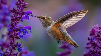 Fototapeta premium Hummingbird Feeding on Vibrant Purple Flowers in Nature Scene