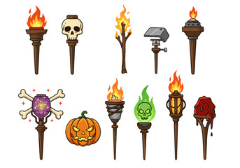 Illustration of ten Halloweenthemed torchesimplements with different designs