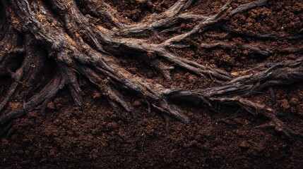 Intricate Root System Under Rich Dark Soil Background Detail