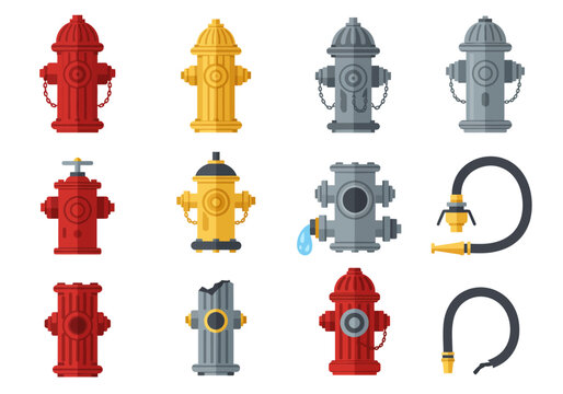 Illustration of twelve fire hydrants in different colors and styles with varying conditions and a fire hose