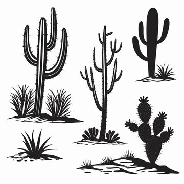 Assortment of Desert Cactus Silhouettes with Grass Elements