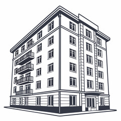 Black and white drawing of a residential apartment building Keywords: building, apartment