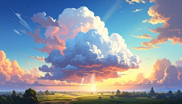 Sunbeams pierce a massive cumulus cloud over a tranquil landscape at sunset